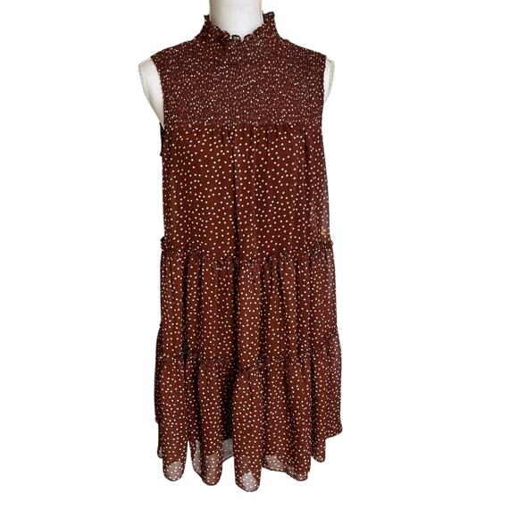 Just Taylor Dress Size 12 Rust Brown Polka Dot Mock Neck Sleeveless Ruched Tiers - Picture 1 of 10